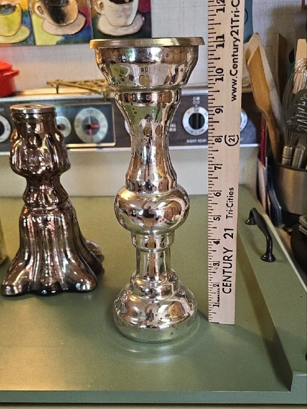 Mercury Glass Lot- 3 Candle Holders, 1 Pillar Stand And 2 Stick
